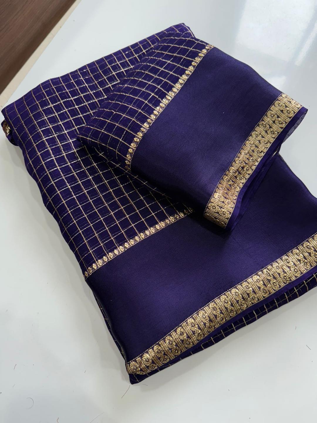 Georgette Viscose Checked Zari Weaving Sarees with Satin Patta Borders blue