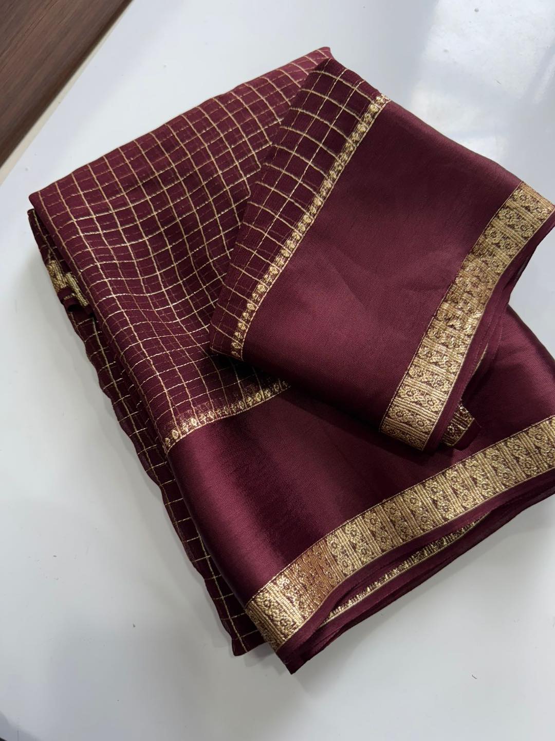 Georgette Viscose Checked Zari Weaving Sarees with Satin Patta Borders Brown