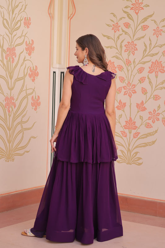Peplum Style Gown with Bead Embroidery in Faux Blooming Fabric – KA-1175 Purple