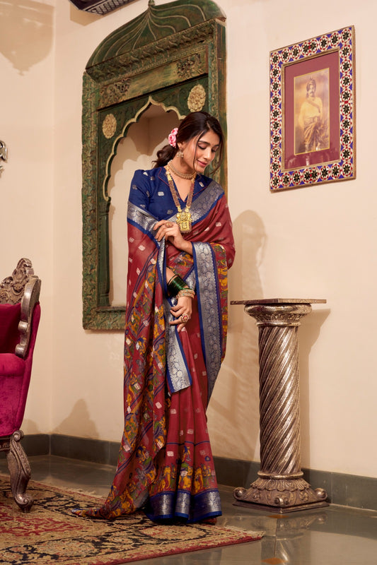 VEDANTI Poly Cotton Saree with Kalamkari Print & Zari Weaving Border - YNF7031MRN