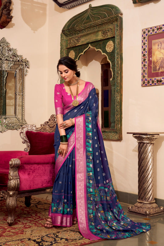 VEDANTI Poly Cotton Saree with Kalamkari Print & Zari Weaving Border - YNF7031NBL