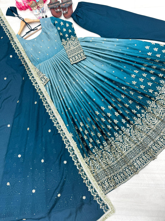 PD1086 – Dual Tone Chinon Silk Anarkali Gown Set - Blue