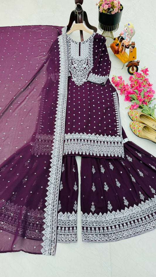 ZB-5041 – Fox Georgette Designer Sharara Suit Set - Wine