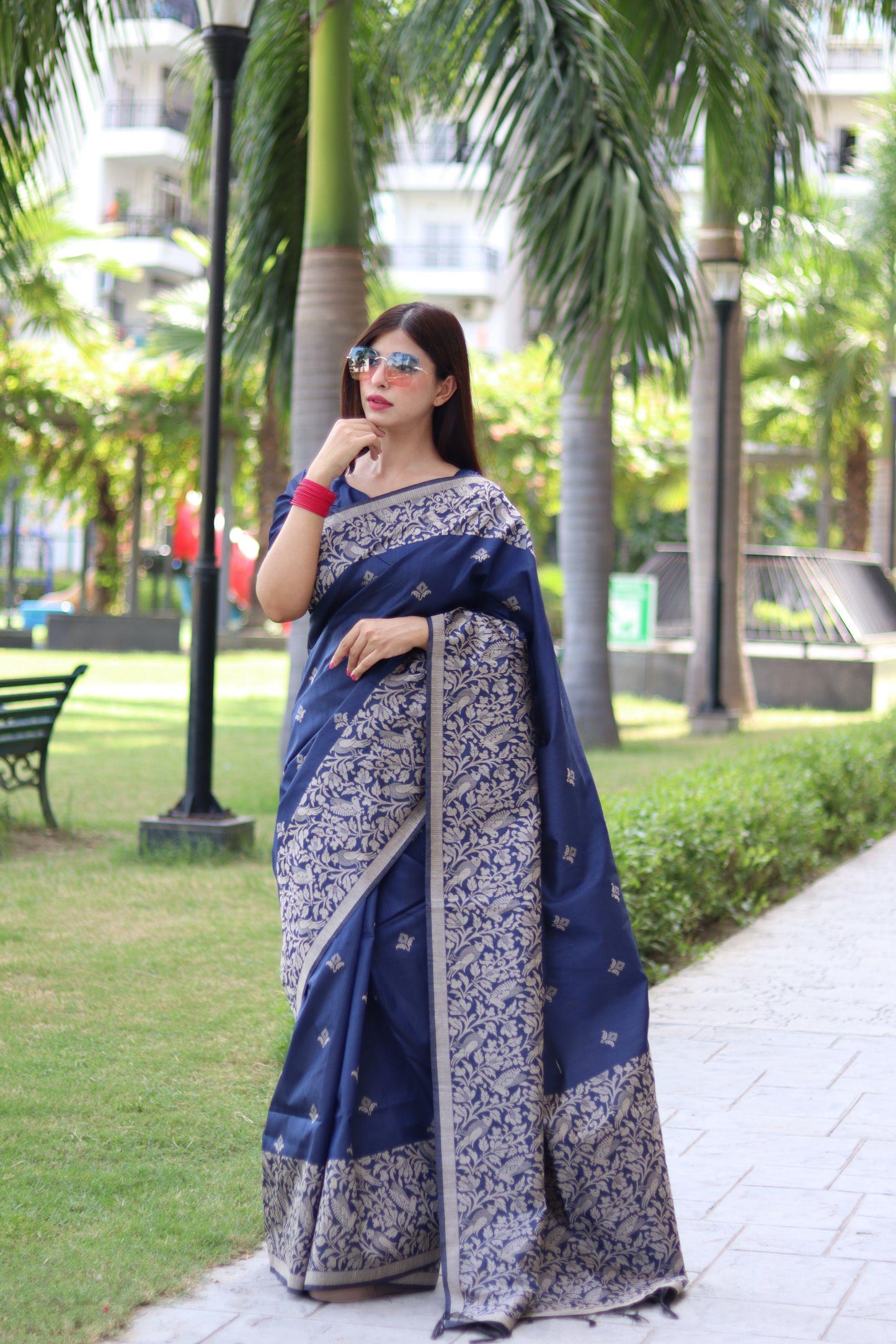 RUTRANG – Banglori Handloom Raw Silk Saree - Blue