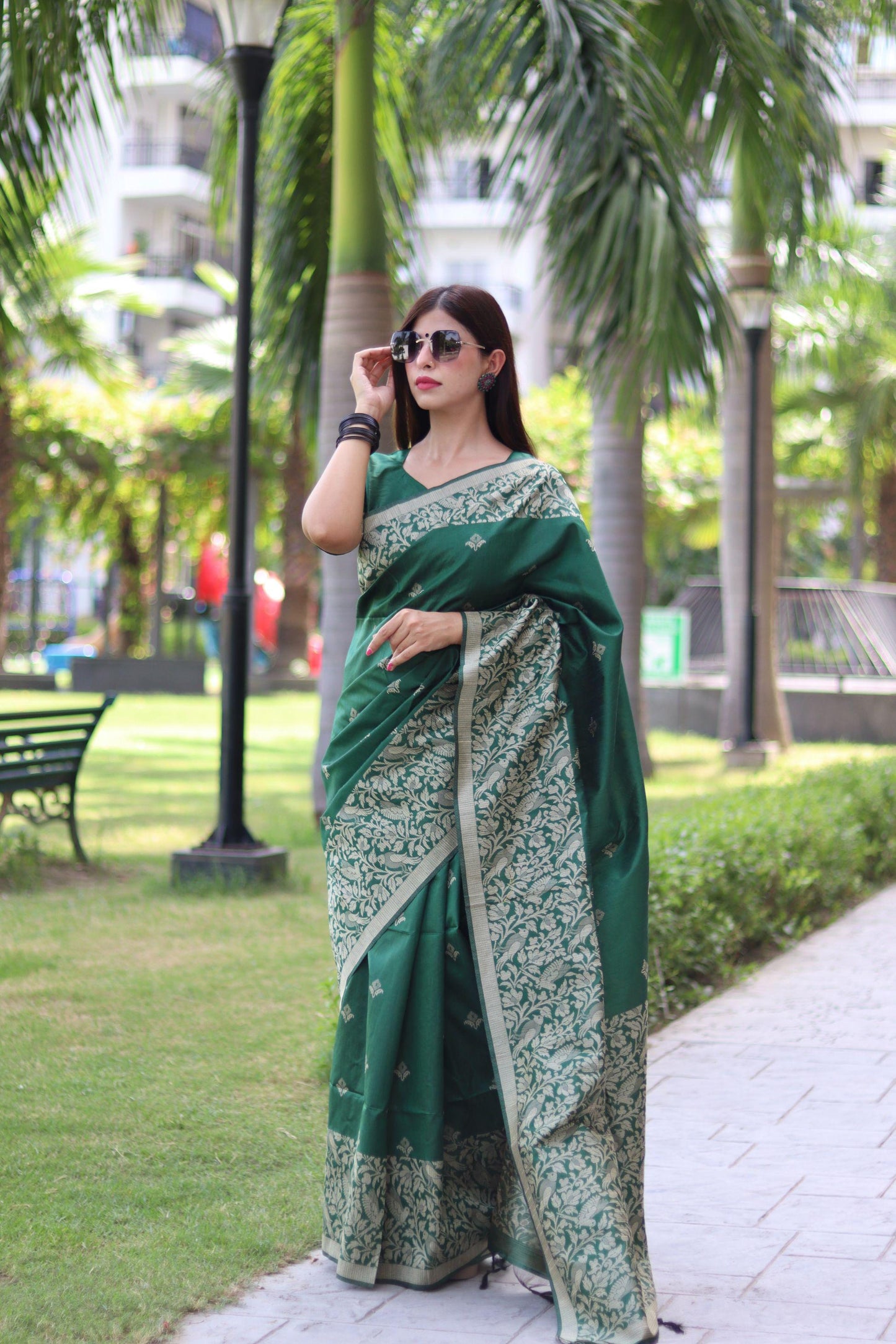 RUTRANG – Banglori Handloom Raw Silk Saree -Green