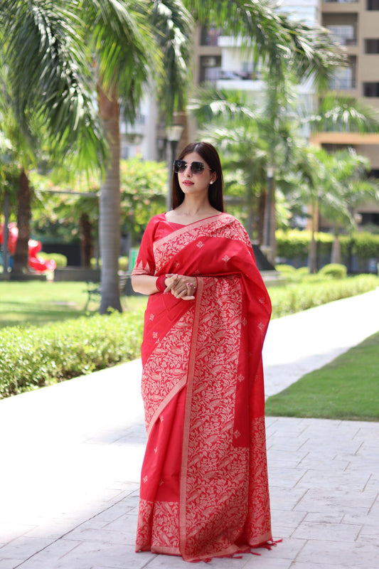 RUTRANG – Banglori Handloom Raw Silk Saree - Red
