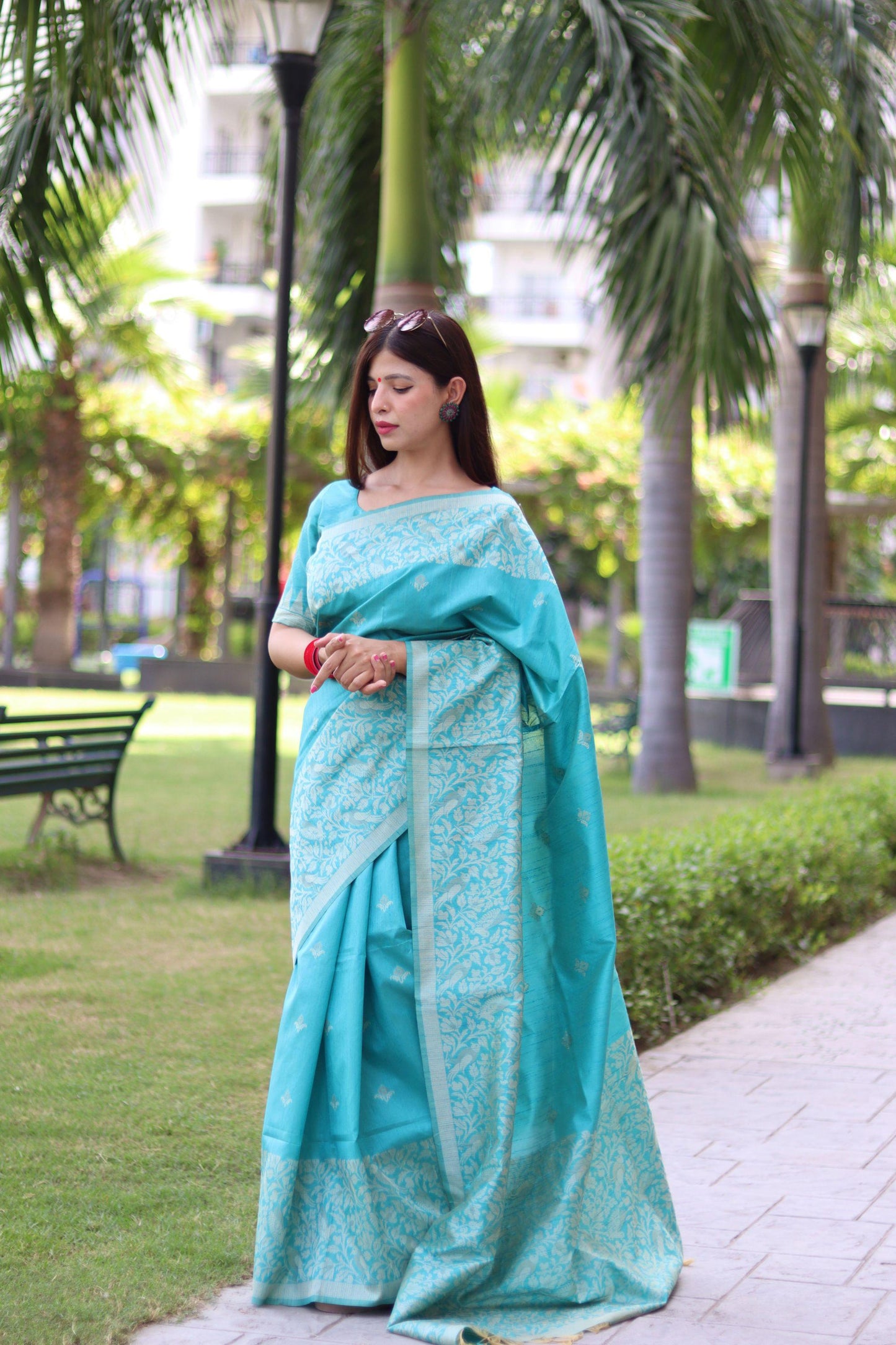 RUTRANG – Banglori Handloom Raw Silk Saree - Sky BLUE