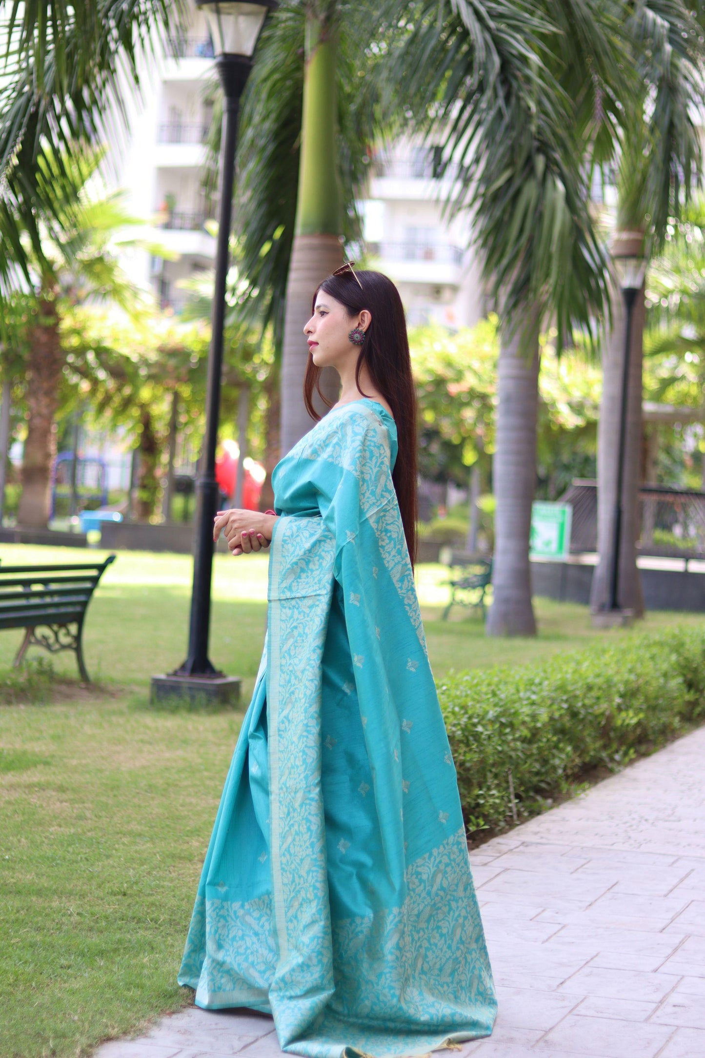 RUTRANG – Banglori Handloom Raw Silk Saree - Sky BLUE