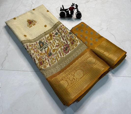 Rekko Silk Saree with All-Over Floral Design & Contrast Border - Mustard