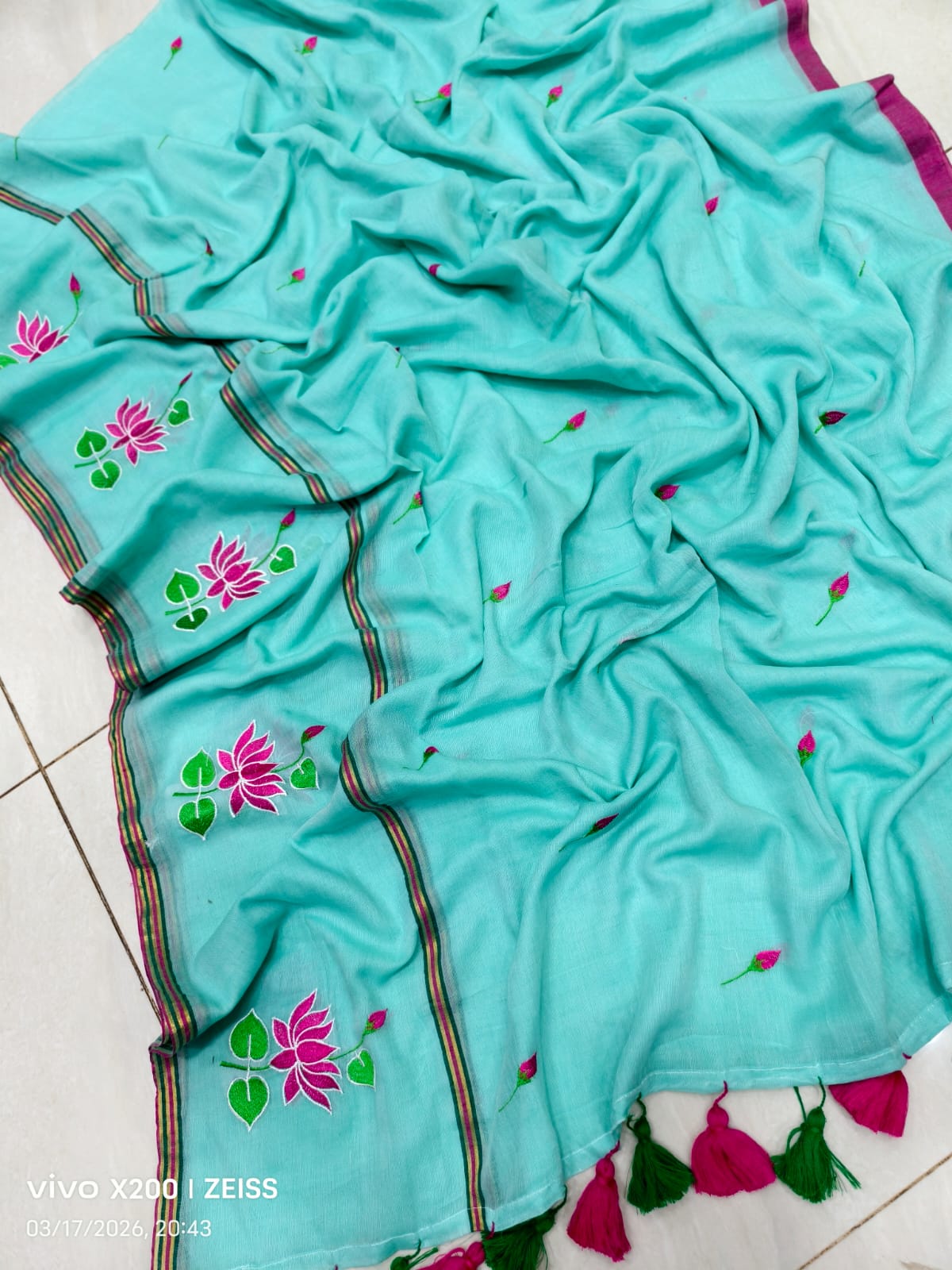 Mul Cotton Sarees with Lotus Embroidery