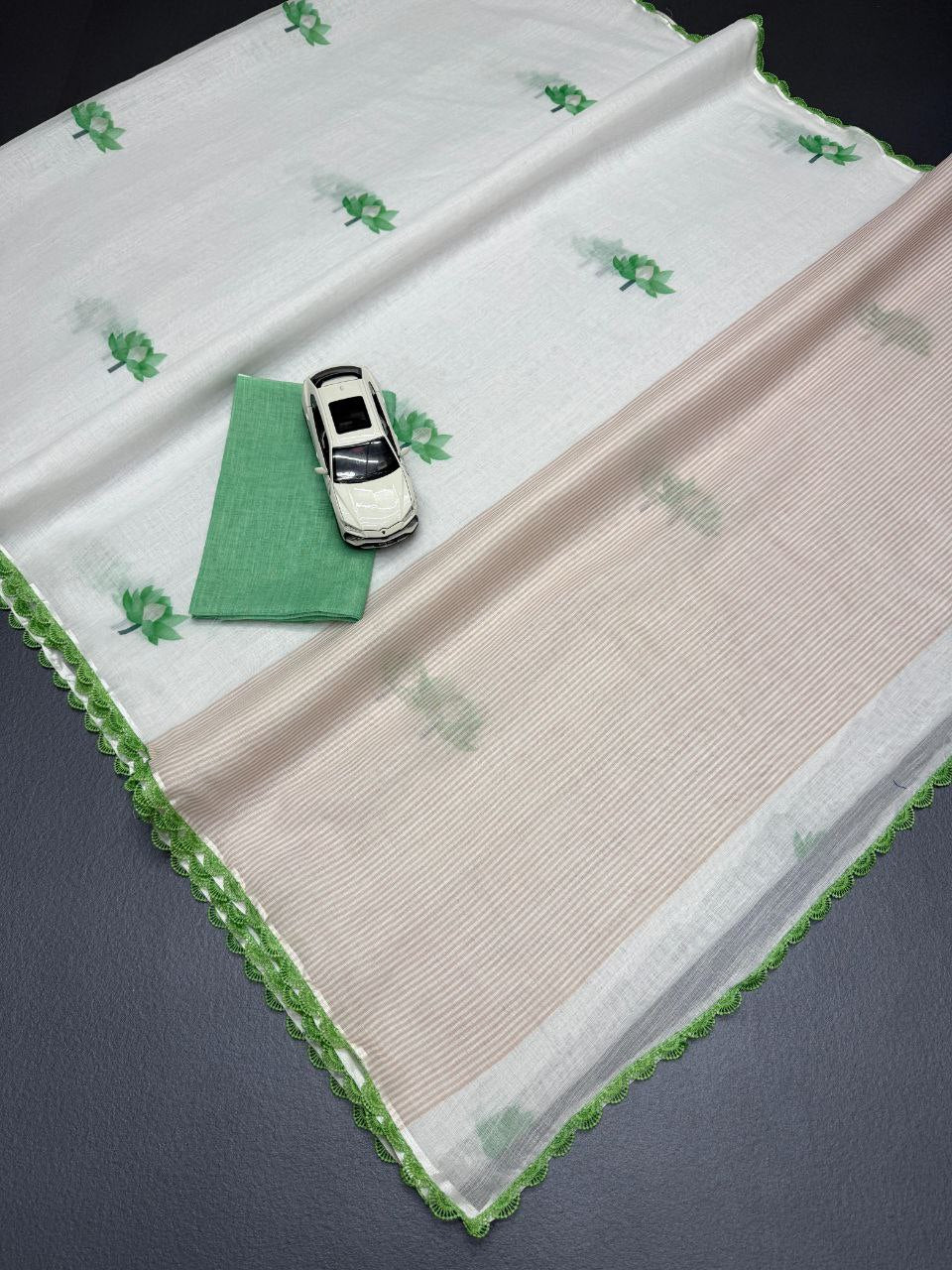 Linen Slub Cotton Saree with Lotus Print & Crochet Lace Borders – ₹899