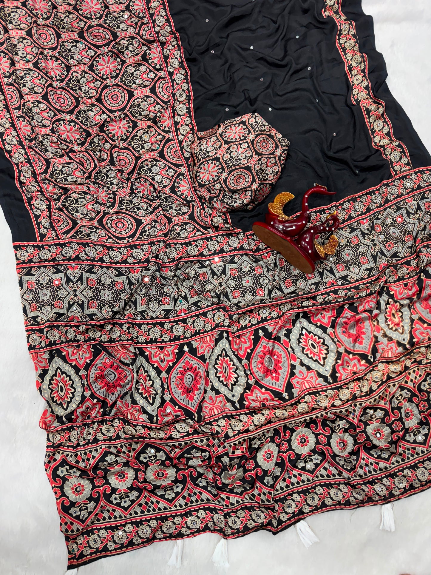 Ajrakh Crepe Silk Real Mirror Work Saree – ₹1399