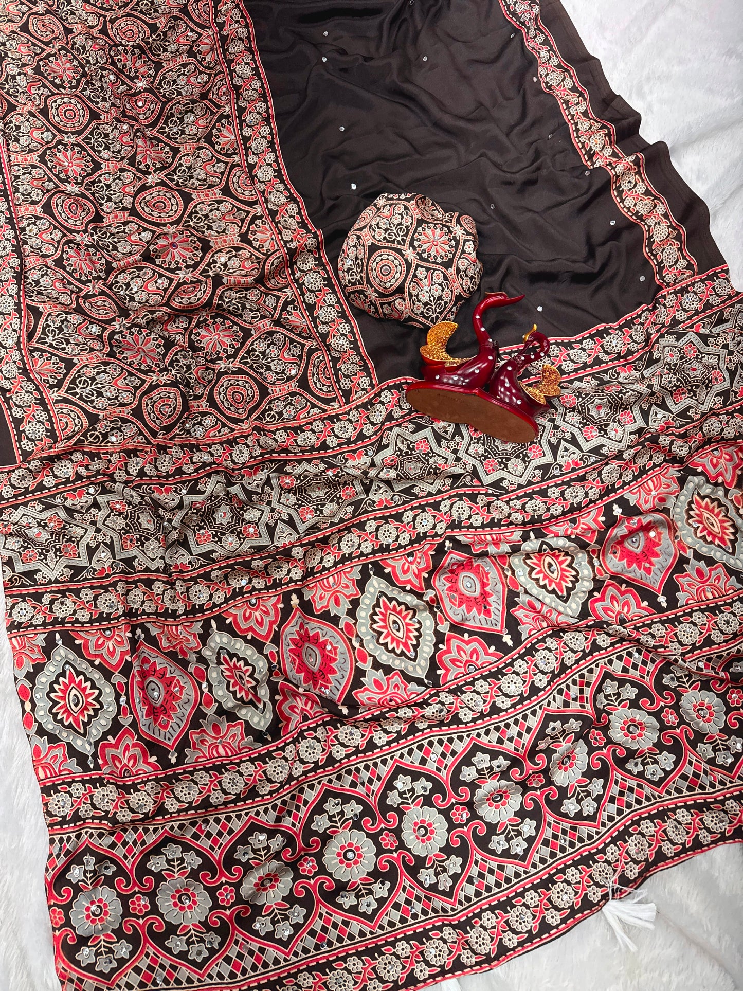 Ajrakh Crepe Silk Real Mirror Work Saree – ₹1399