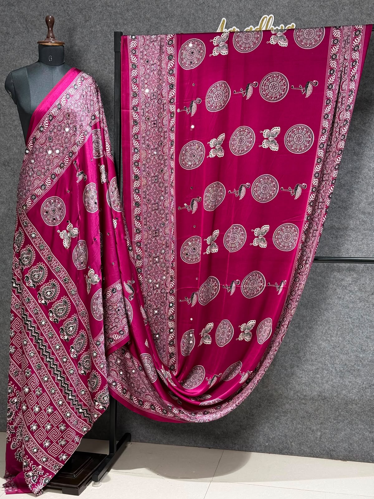 Ajrakh Crepe Silk Real Mirror Work Saree – ₹1399