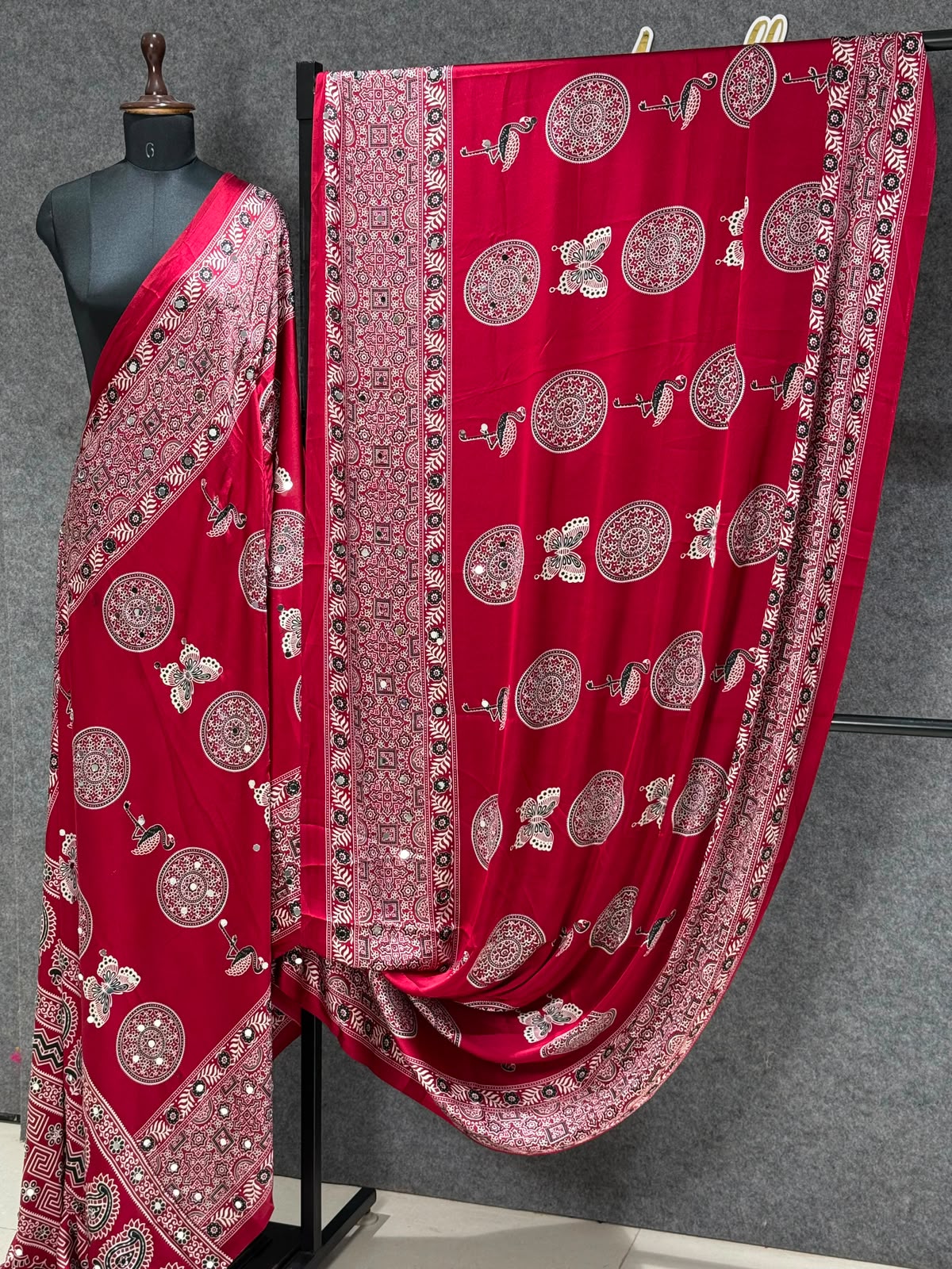 Ajrakh Crepe Silk Real Mirror Work Saree – ₹1399
