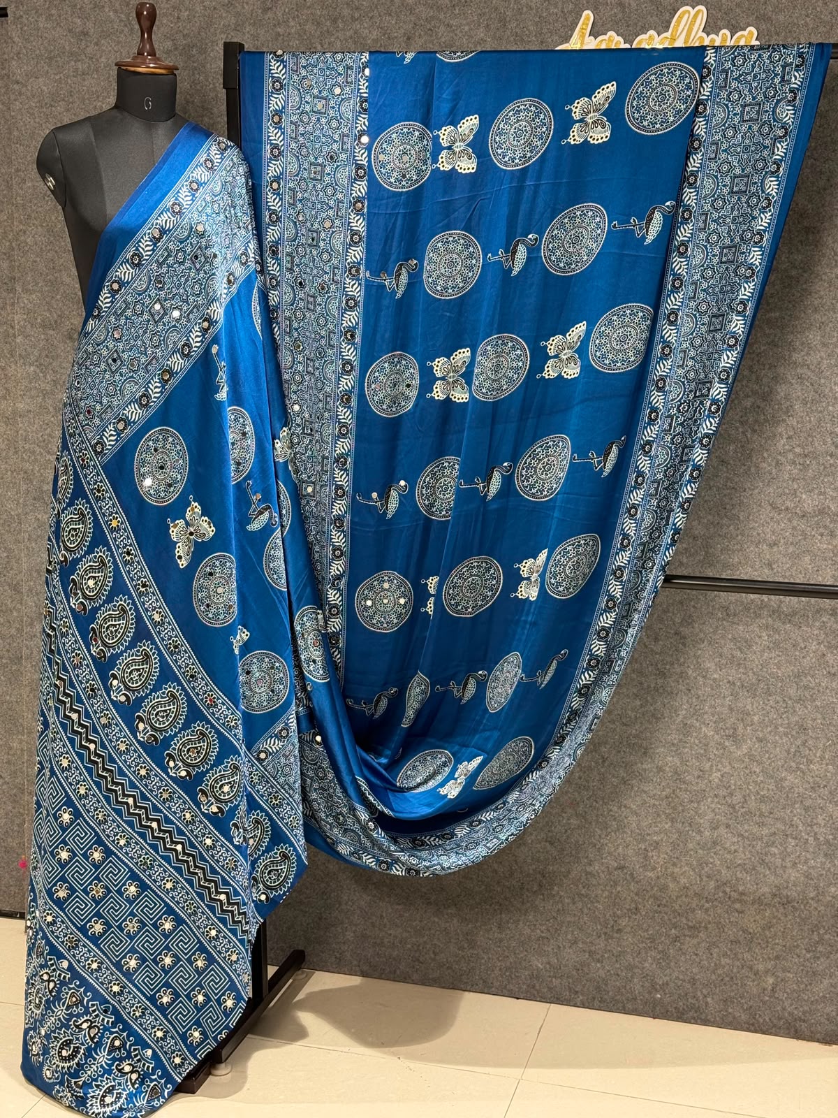 Ajrakh Crepe Silk Real Mirror Work Saree – ₹1399