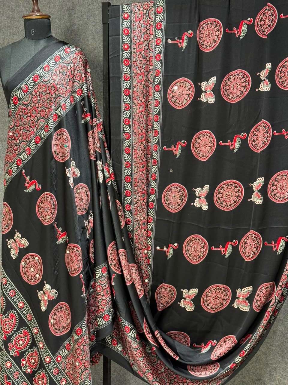 Ajrakh Crepe Silk Real Mirror Work Saree – ₹1399