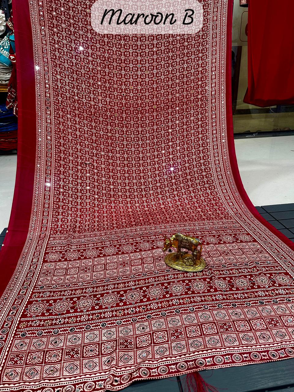 Ajrakh Crepe Silk Real Mirror Work Saree – ₹1399