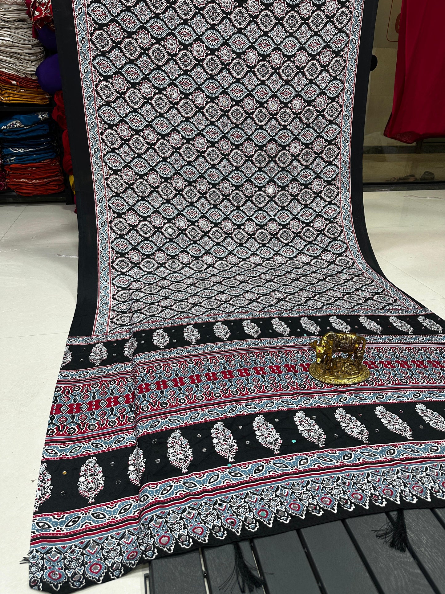 Ajrakh Crepe Silk Real Mirror Work Saree – ₹1399