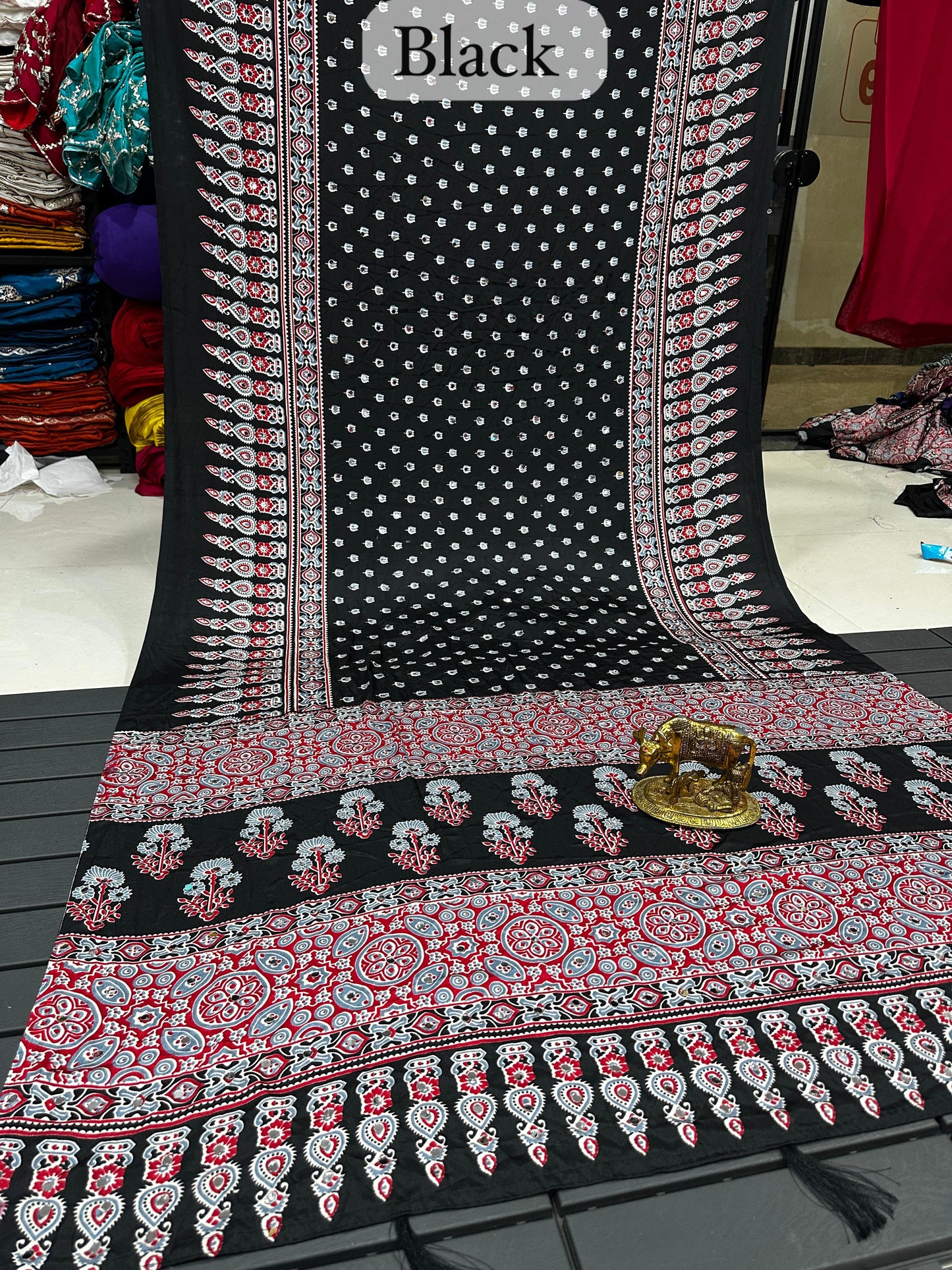 Ajrakh Crepe Silk Real Mirror Work Saree – ₹1399