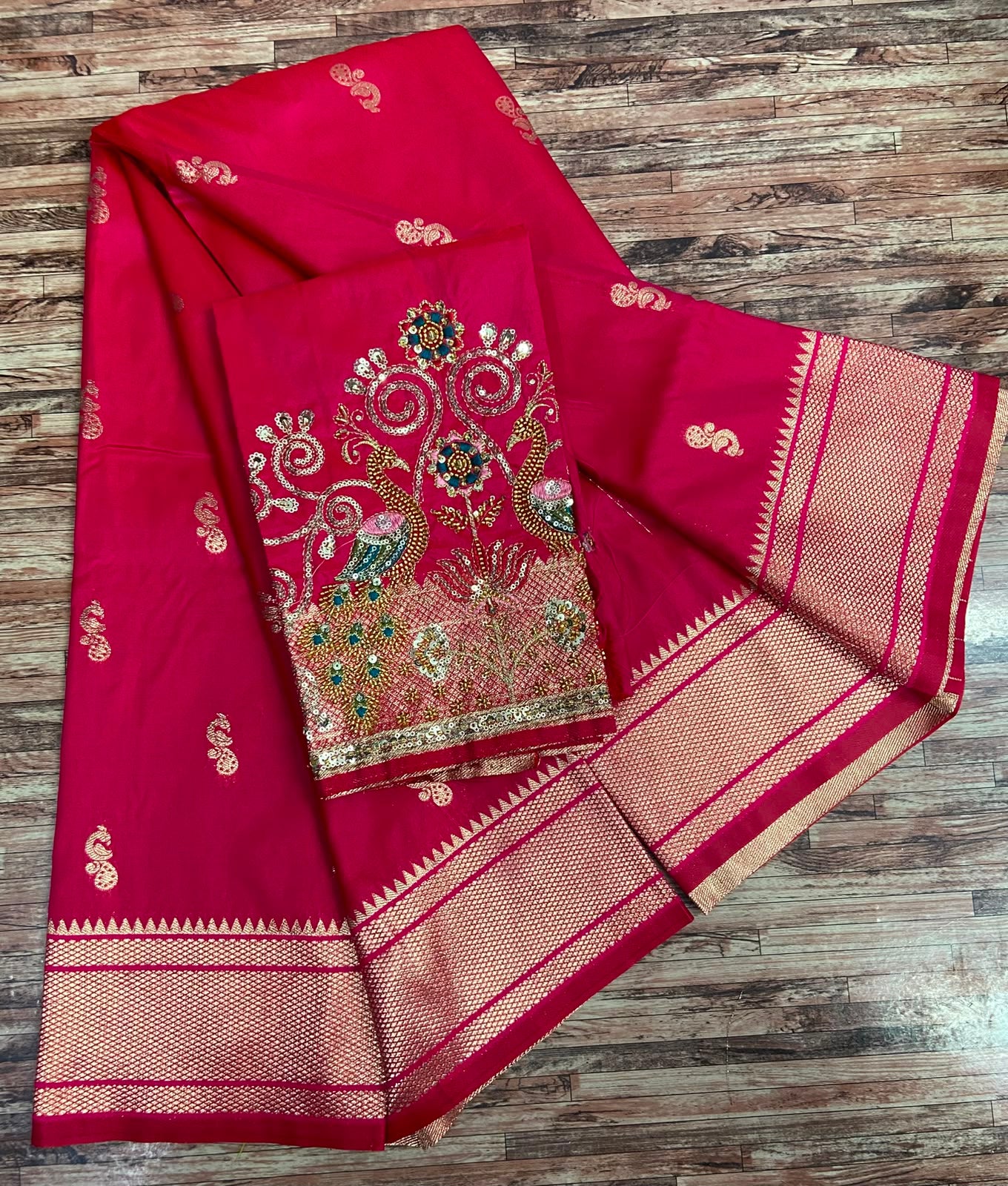 Semi Silk Saree with Sequins Embroidered & Bead Work Blouse – ₹1399