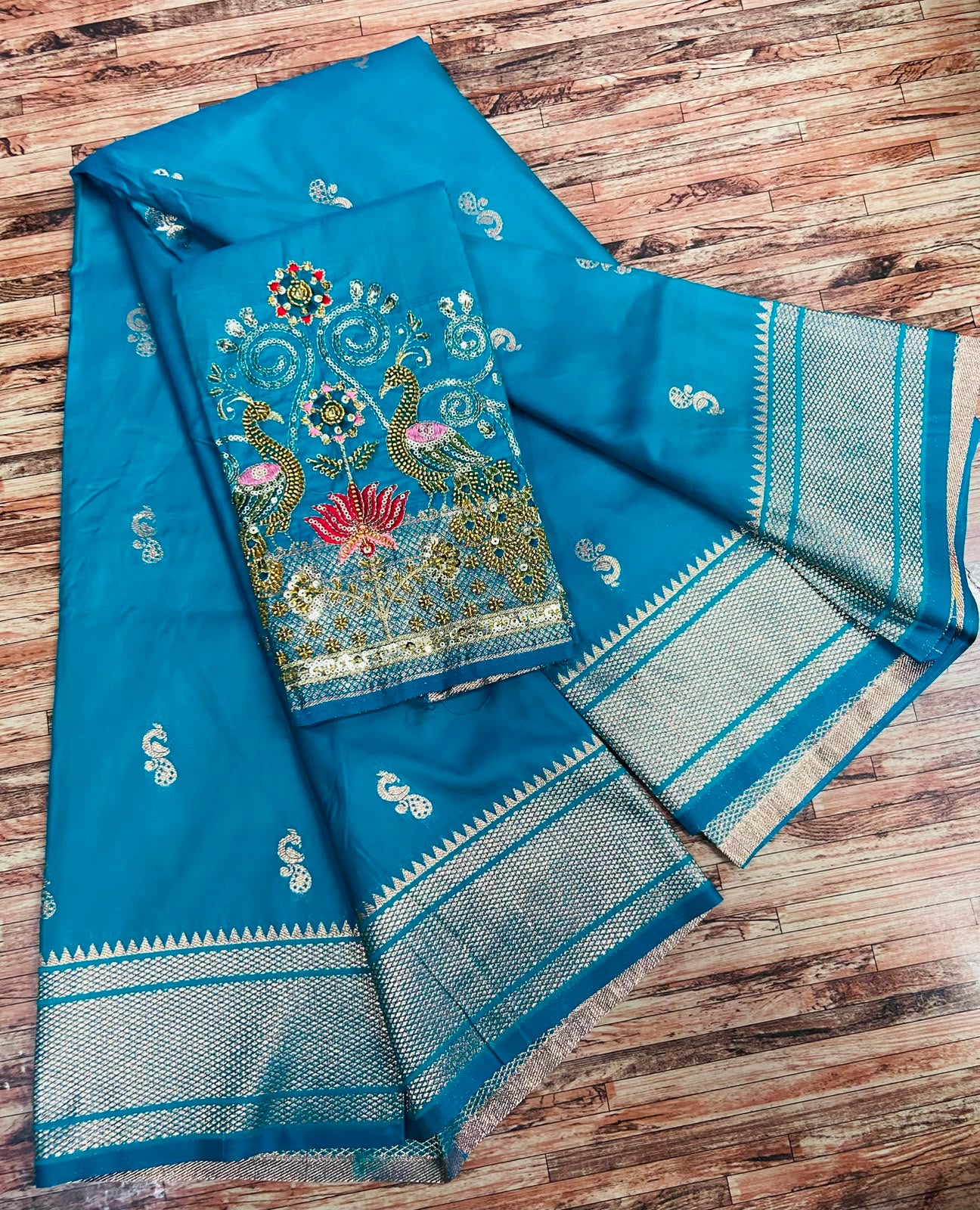 Semi Silk Saree with Sequins Embroidered & Bead Work Blouse – ₹1399