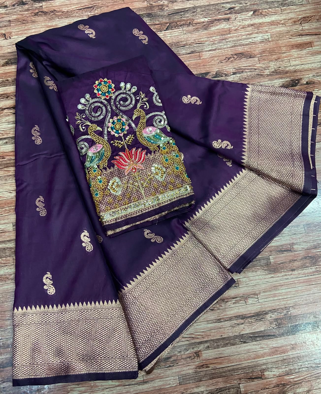 Semi Silk Saree with Sequins Embroidered & Bead Work Blouse – ₹1399