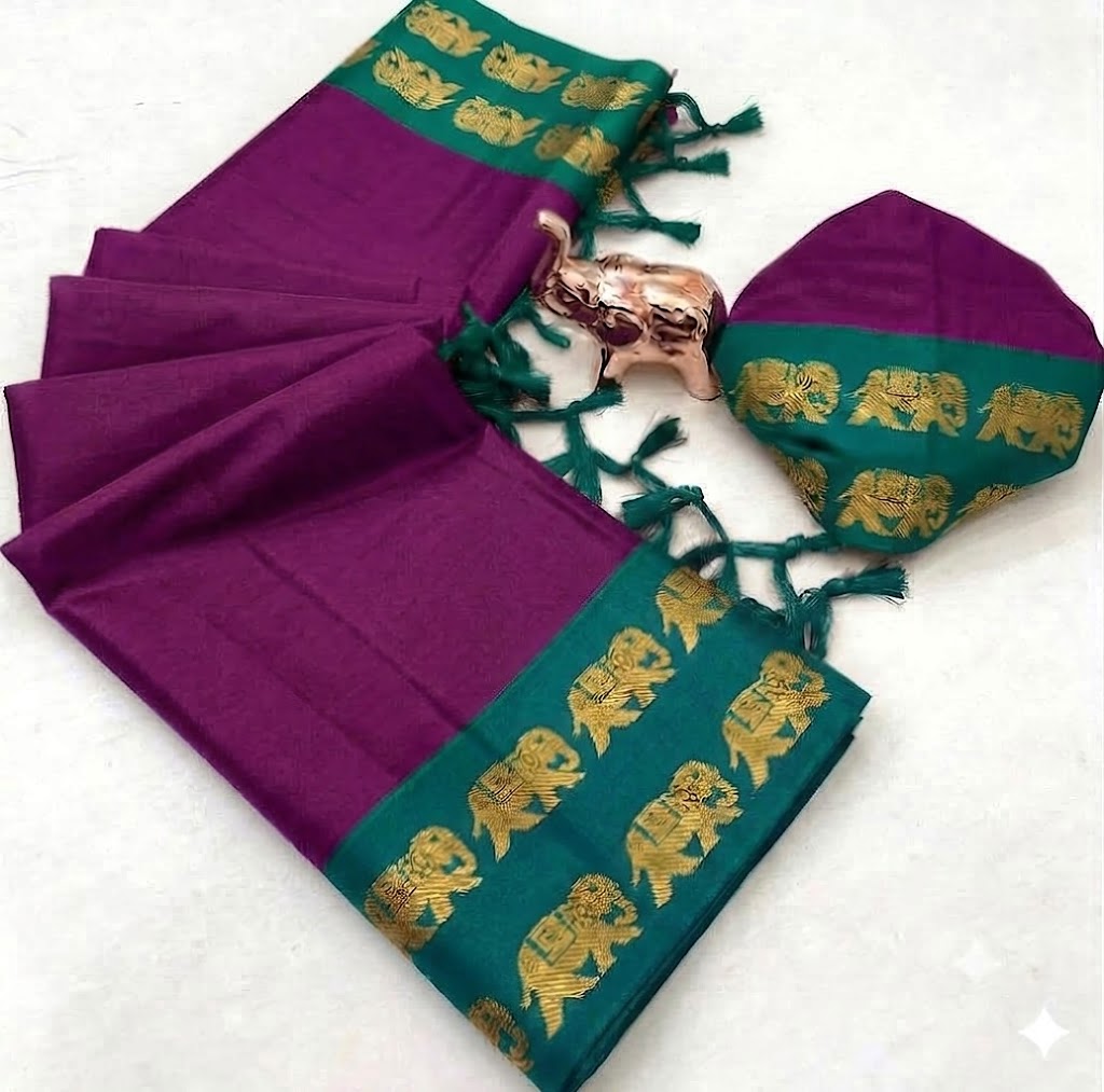 Cotton Silk Weaving Saree with Elephant Zari Weaving Borders – ₹799