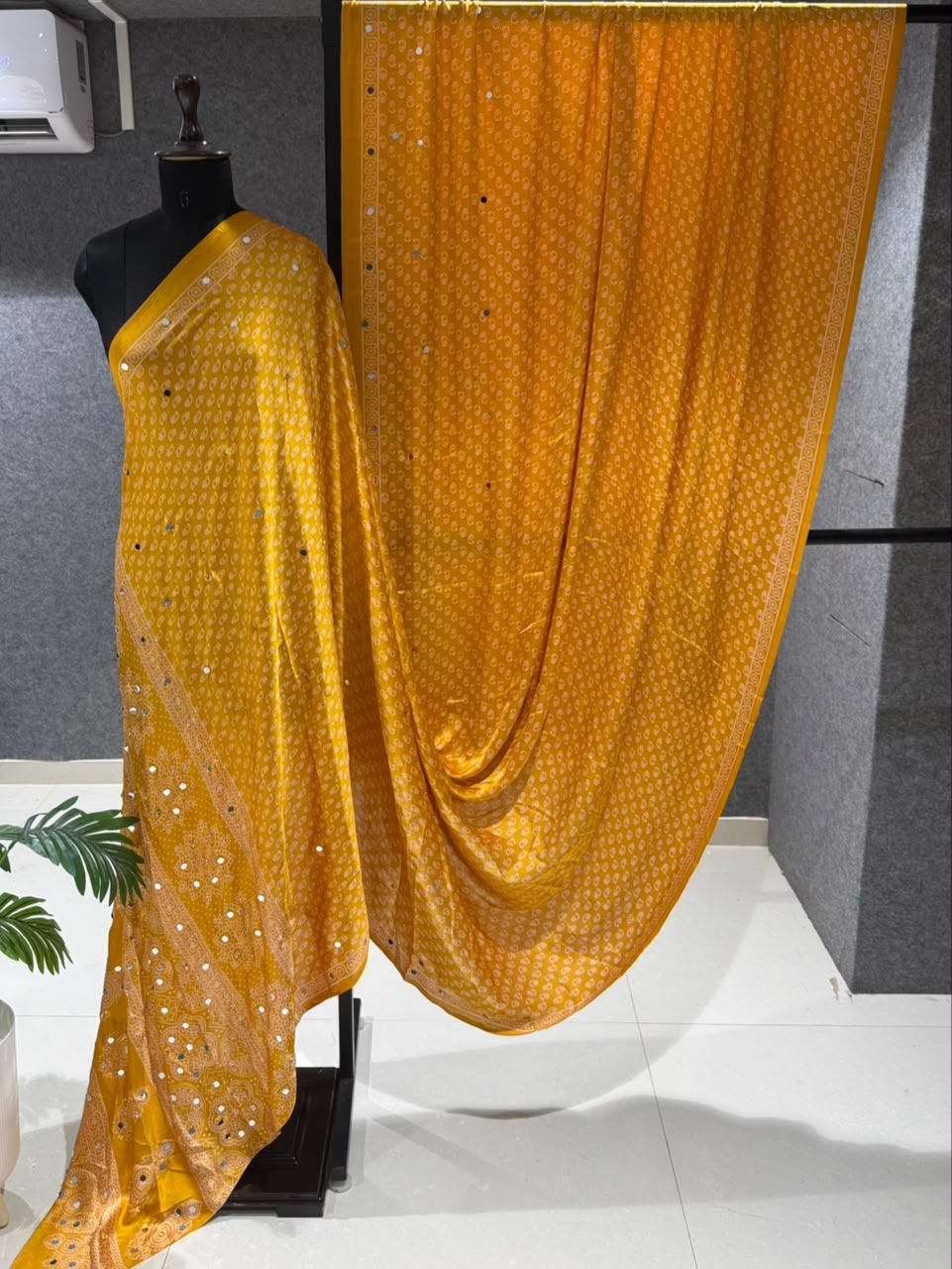Real Mirror Work Ajrakh Crepe Silk Saree – ₹1299