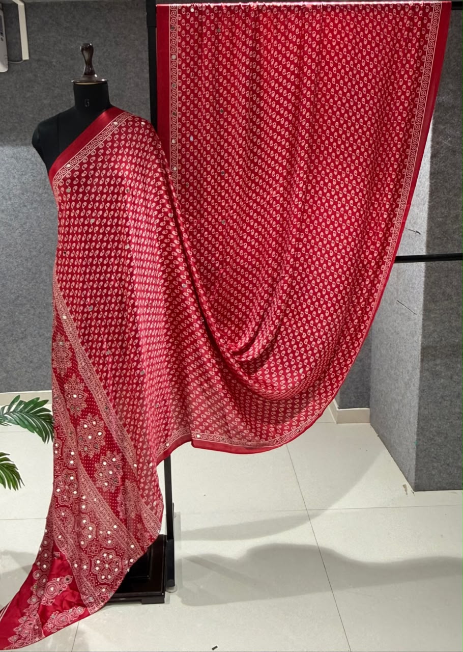 Real Mirror Work Ajrakh Crepe Silk Saree – ₹1299