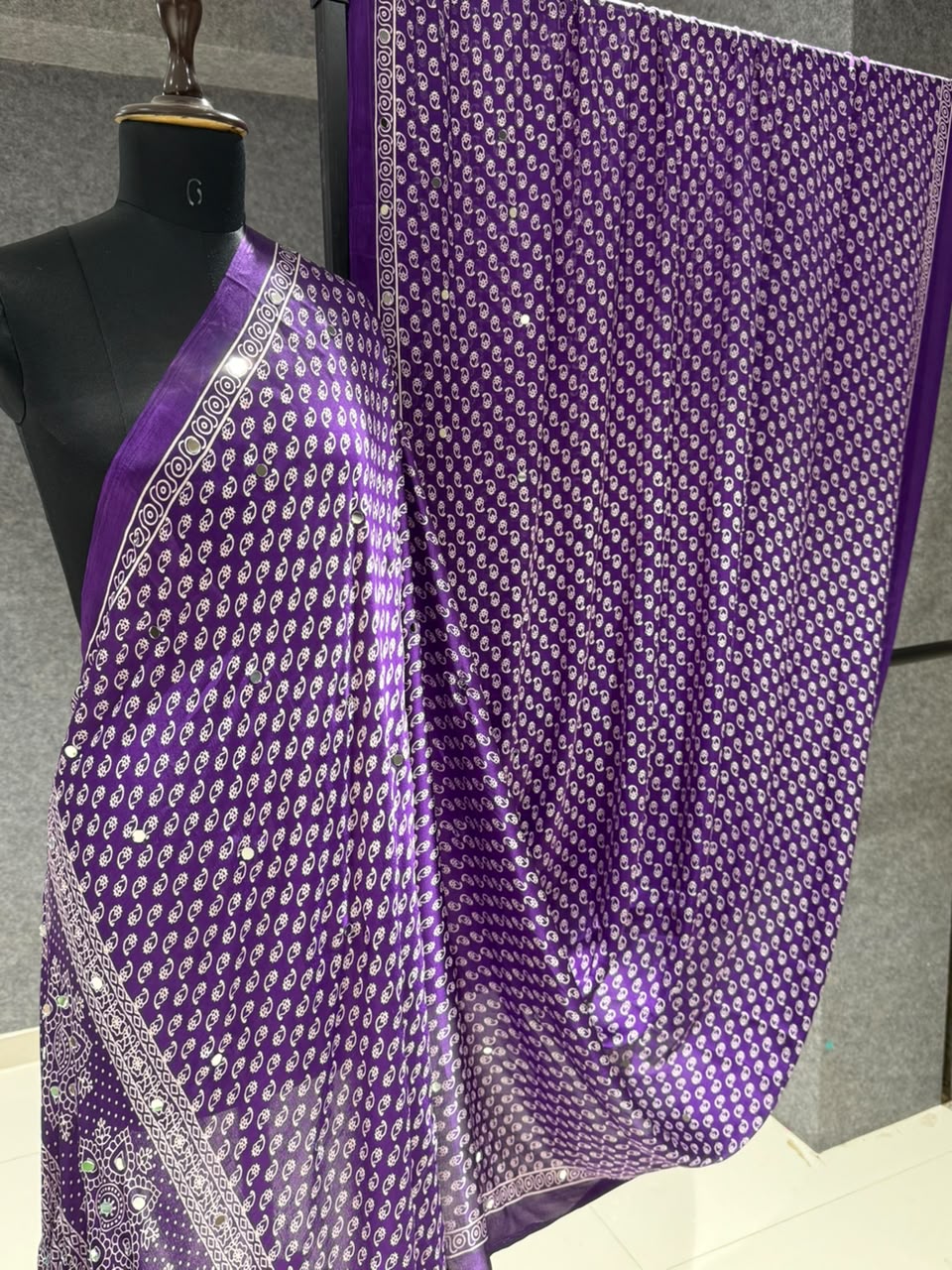 Real Mirror Work Ajrakh Crepe Silk Saree – ₹1299