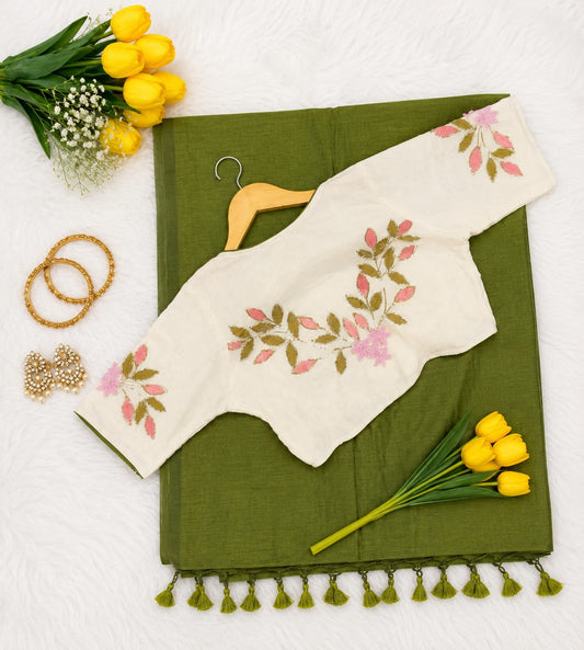 Khadi Cotton Embroidered Readymade Blouse with Plain Khadi Cotton Saree – ₹1299