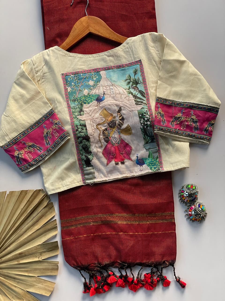 Khadi Cotton Zari Striped Saree with Appliqué & Bead Work Readymade Blouse – ₹1299