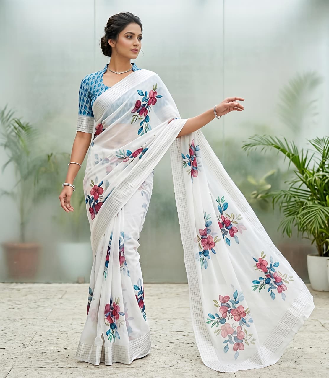 Soft Georgette Chiffon Floral Saree with Weaving Borders – ₹999