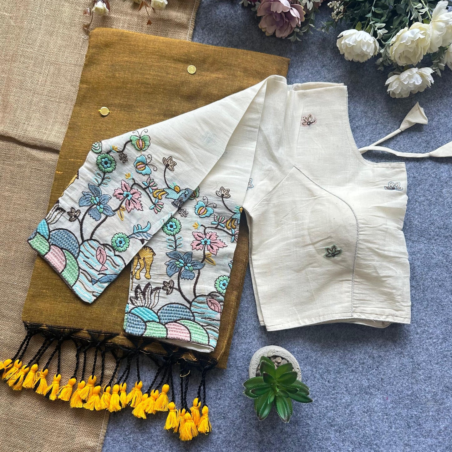 Khadi Cotton Gini Sequence Saree with Long Sleeve Embroidered Readymade Blouse – ₹1299