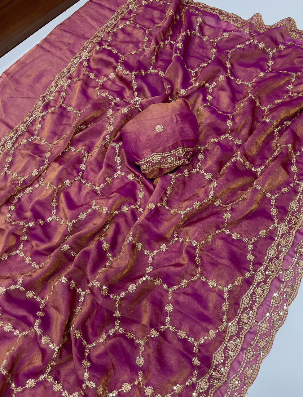 Moss Chiffon Silk Saree with Dual Tone Effect & Sequence Embroidery – ₹1399
