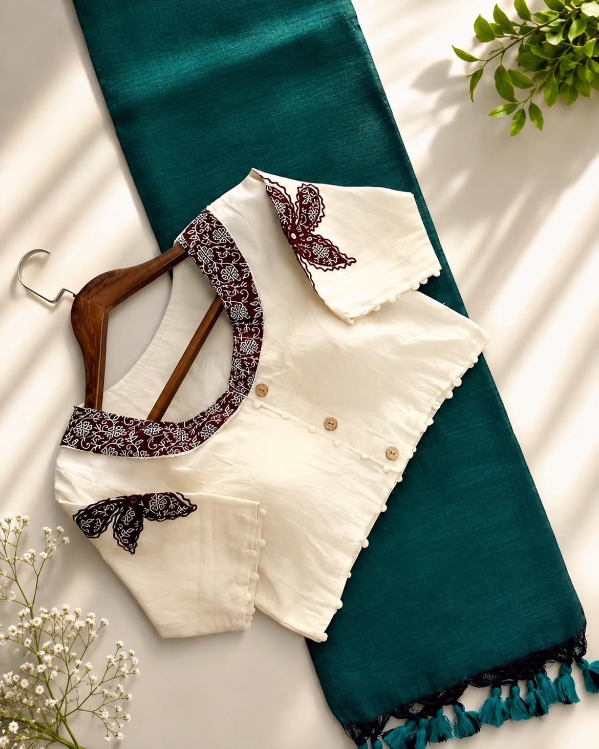 Khadi Cotton Saree with Appliqué Work Embroidery & Ajrakh Patch Work Blouse – ₹1299