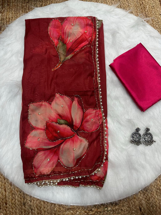 Soft Tabby Organza Silk Saree with Cut Bead Work & Scalloped Borders – ₹1299