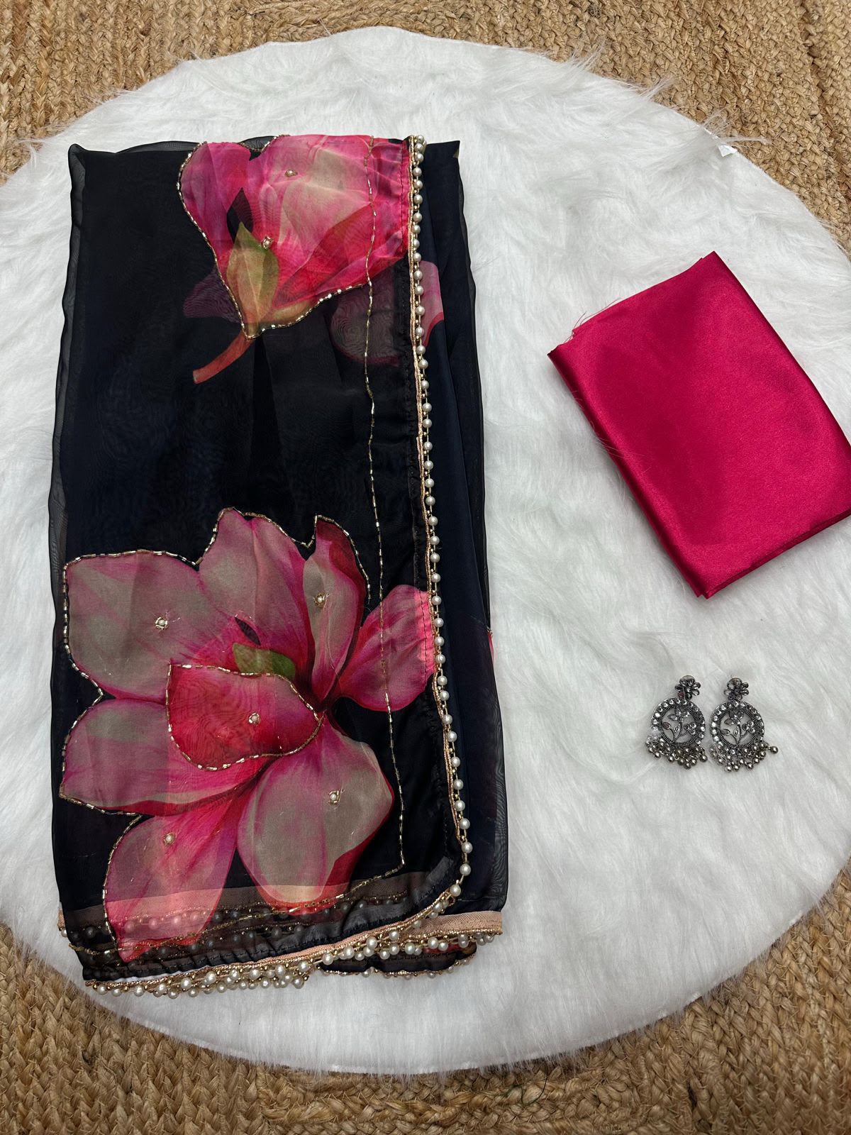 Soft Tabby Organza Silk Saree with Cut Bead Work & Scalloped Borders – ₹1299