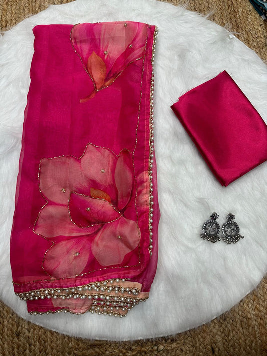 Soft Tabby Organza Silk Saree with Cut Bead Work & Scalloped Borders – ₹1299