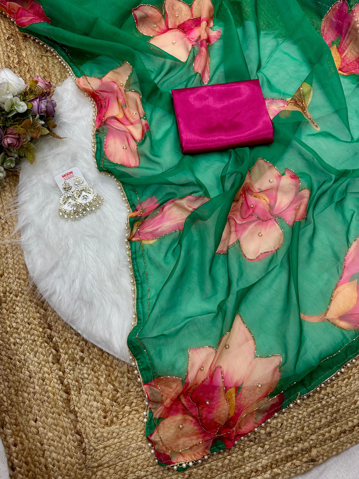 Soft Tabby Organza Silk Saree with Cut Bead Work & Scalloped Borders – ₹1299