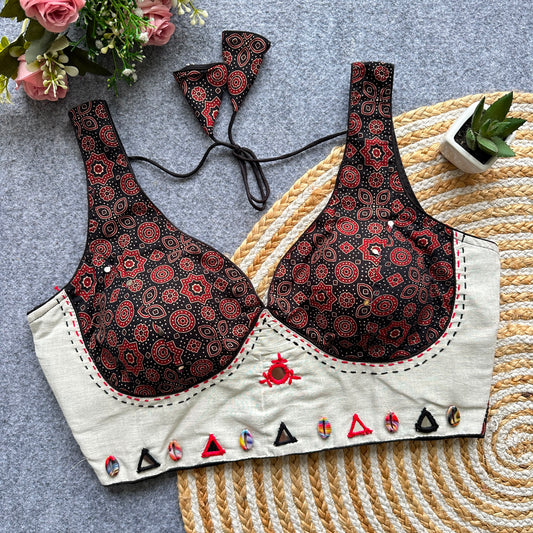 Navaratri Ajrakh Khadi Cotton Mirror Work Readymade Blouse
