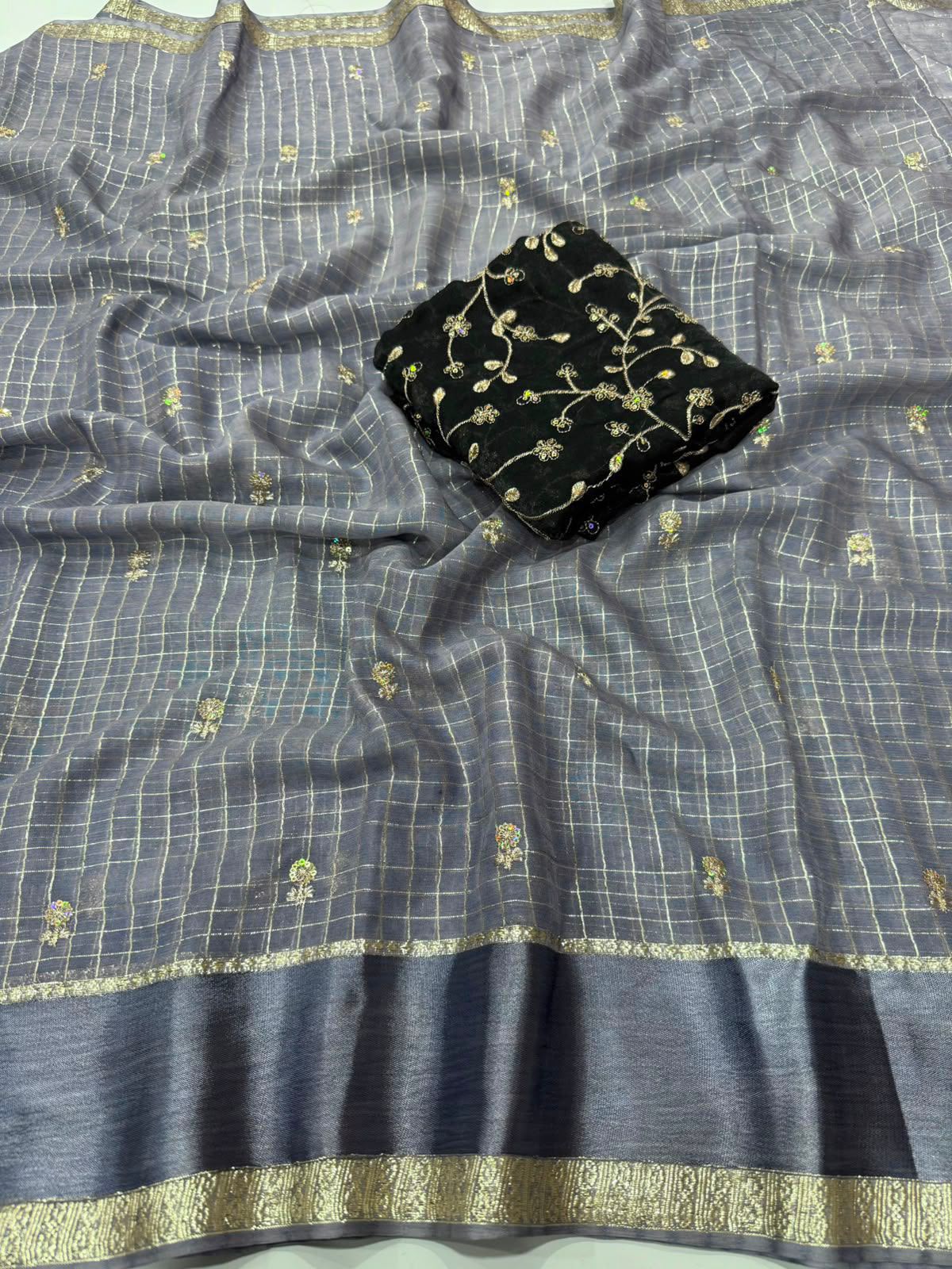 Georgette Viscose Checked Saree with Viscose Zari Weaving