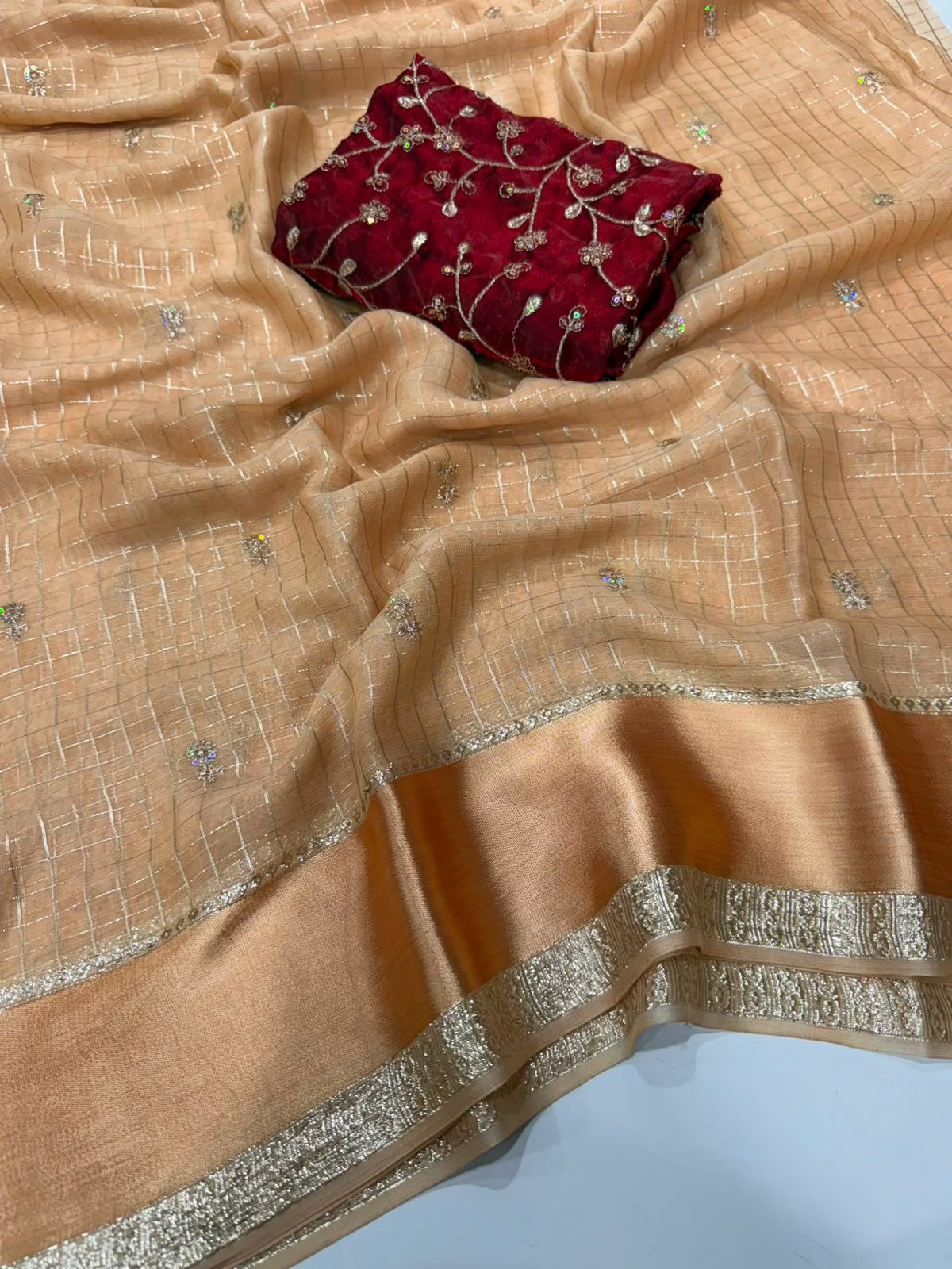 Georgette Viscose Checked Saree with Viscose Zari Weaving