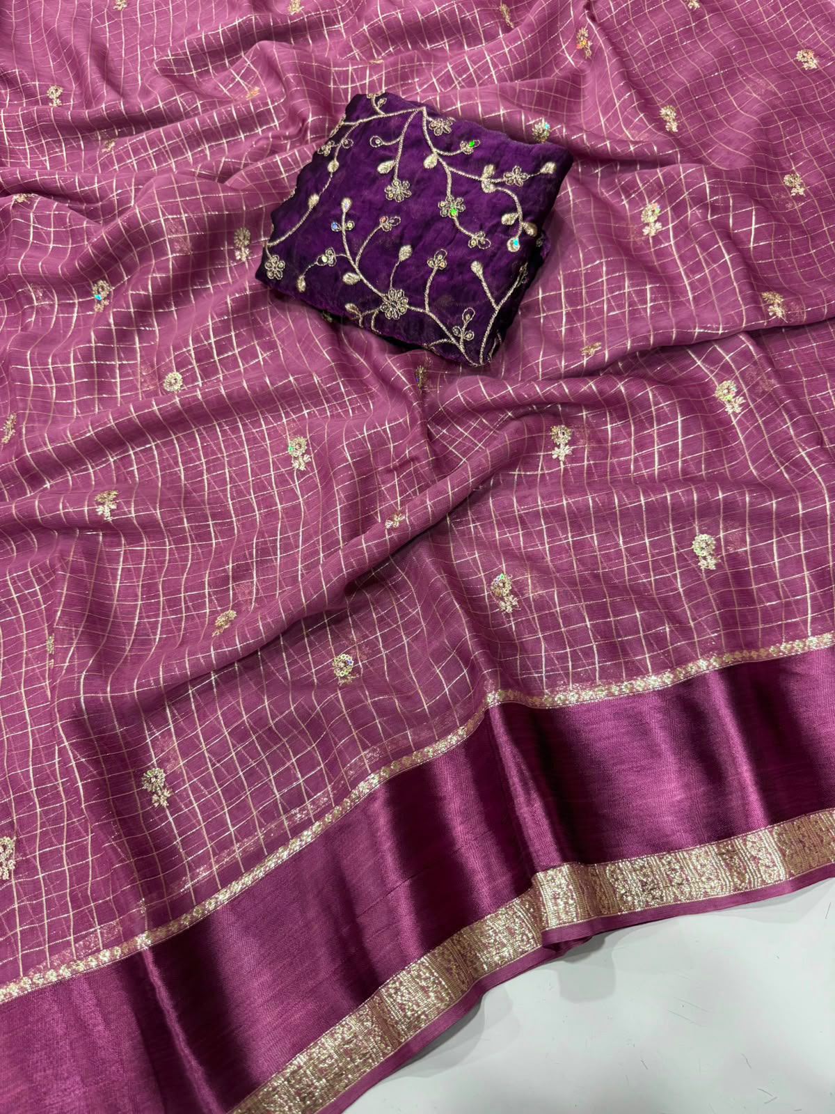 Georgette Viscose Checked Saree with Viscose Zari Weaving