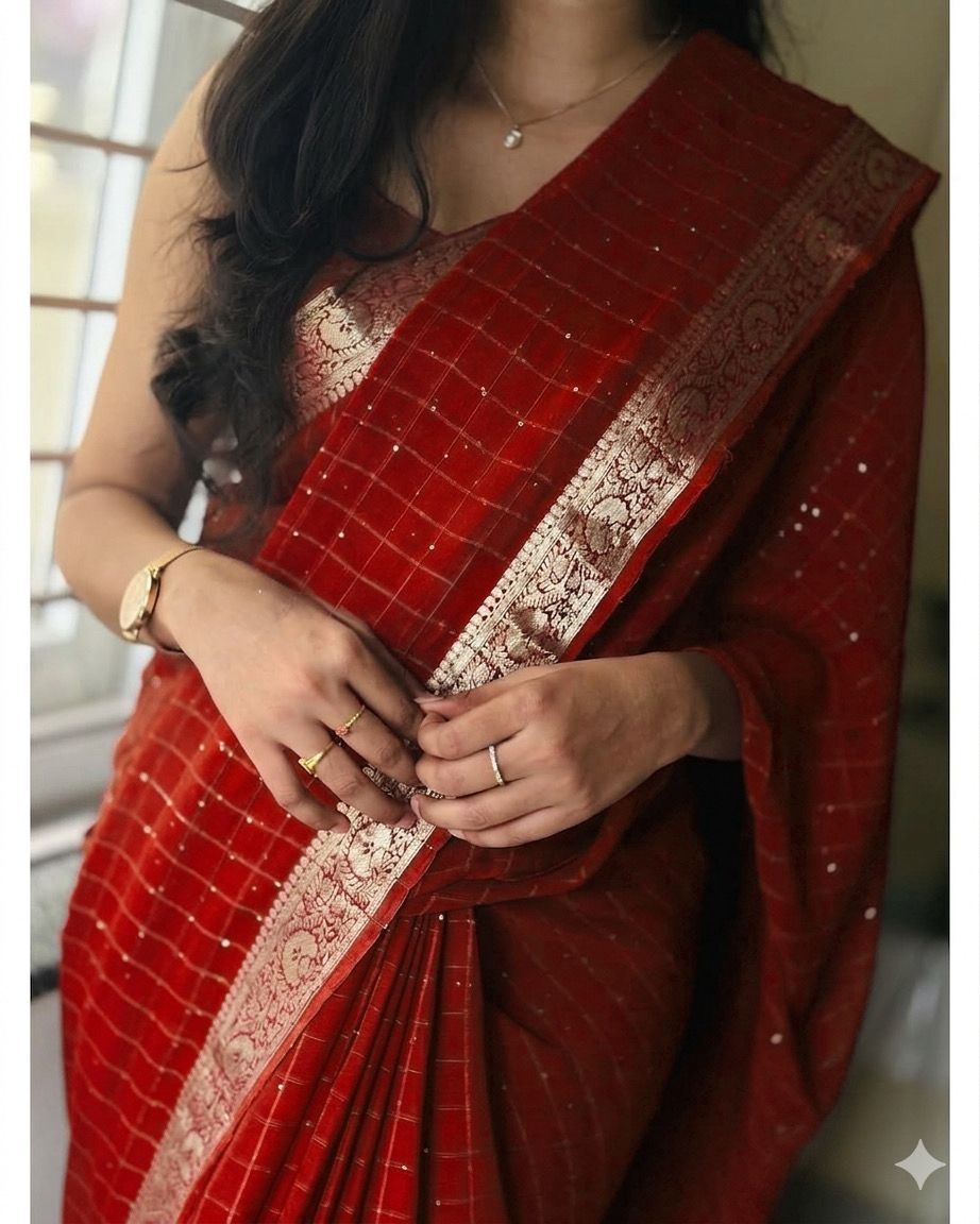 Viscose Georgette Zari Checked Saree with Viscose Zari Weaving Borders