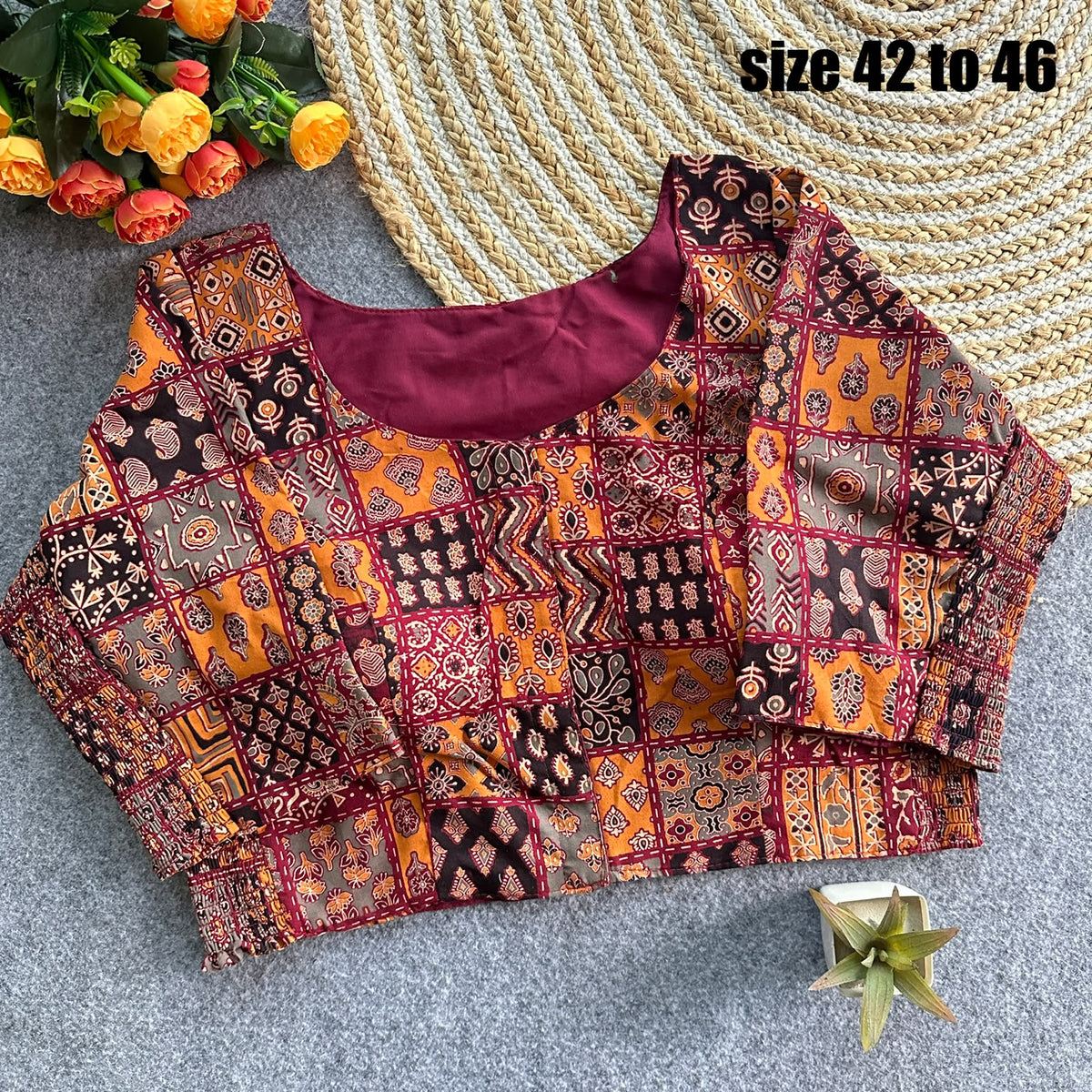 Plus Size Ajrakh Brocade Silk Readymade Side Elastic Blouses