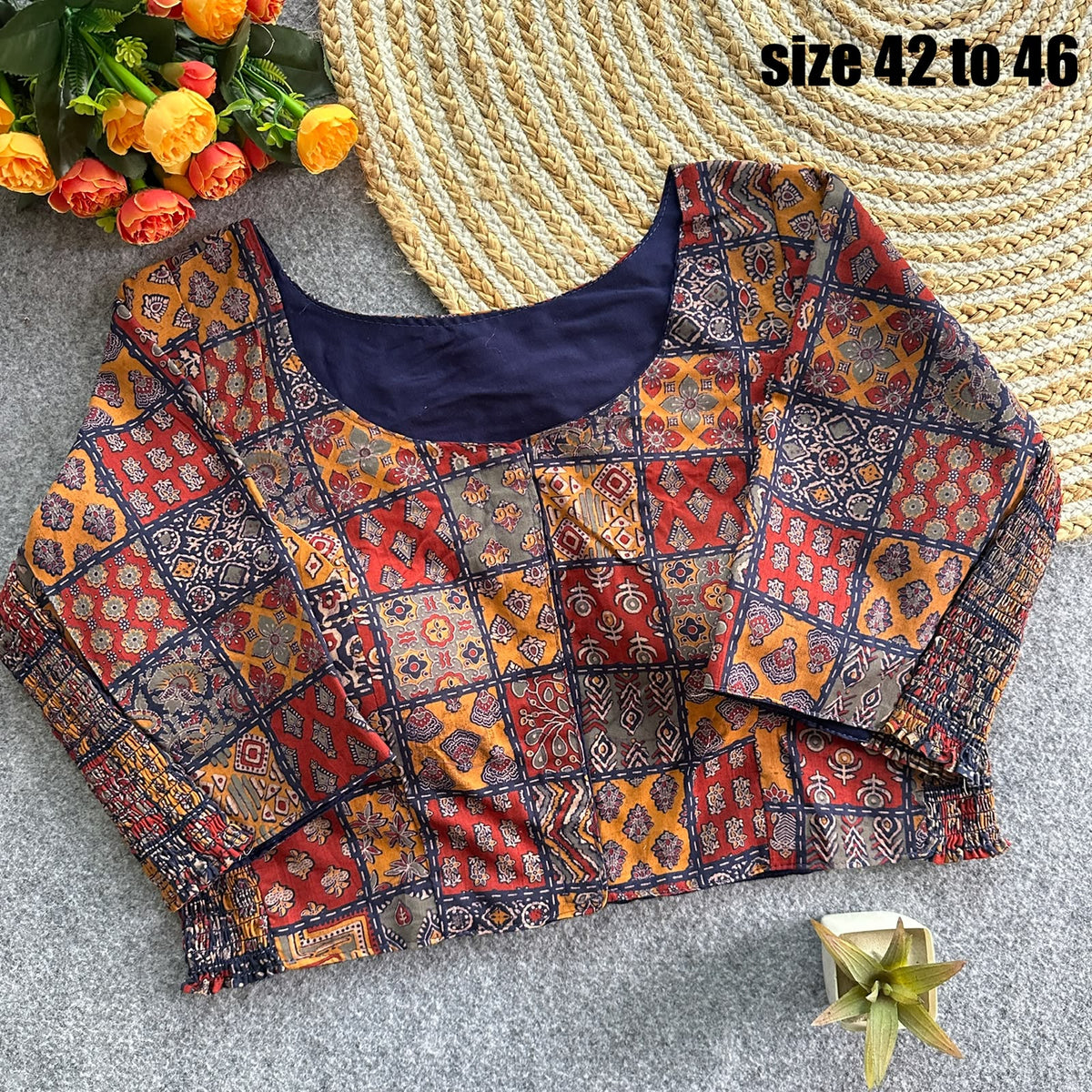 Plus Size Ajrakh Brocade Silk Readymade Side Elastic Blouses