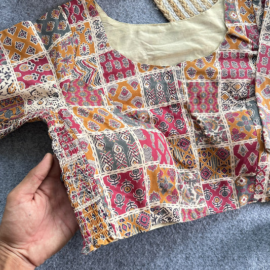 Plus Size Ajrakh Brocade Silk Readymade Side Elastic Blouses