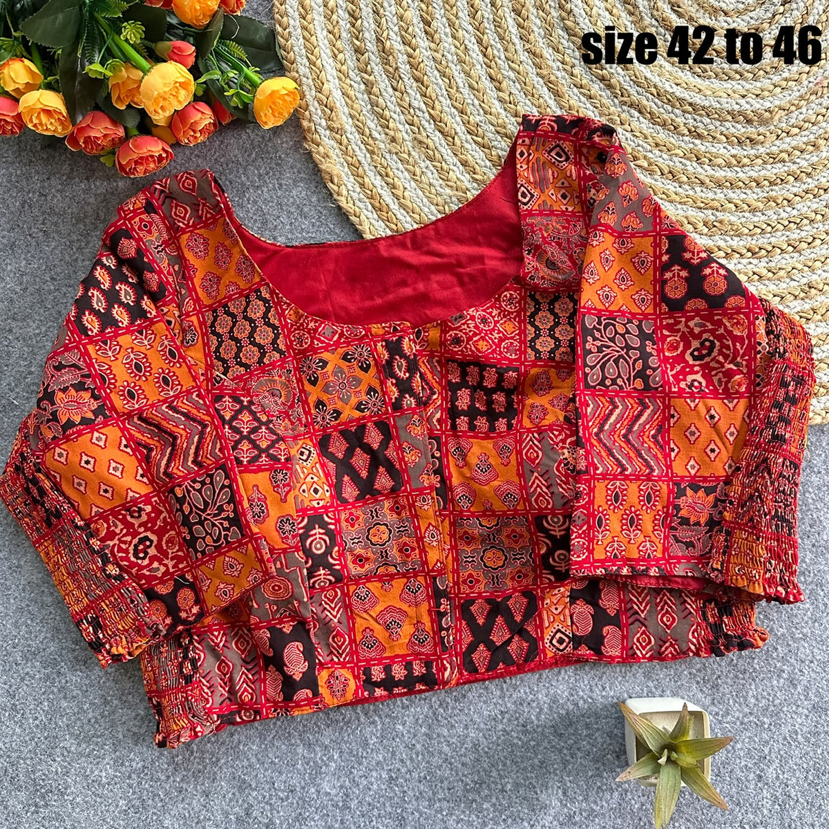 Plus Size Ajrakh Brocade Silk Readymade Side Elastic Blouses